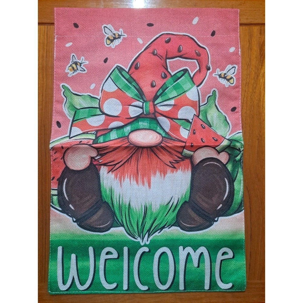 NEW Home & Garden 1pc Double Sided Garden Flags 12x18 Welcome Gnome‎ Watermelon